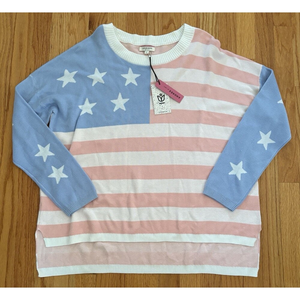 Andree by Unit Sweeater Womens Large Stars & Stripes American Flag Oversize NWT